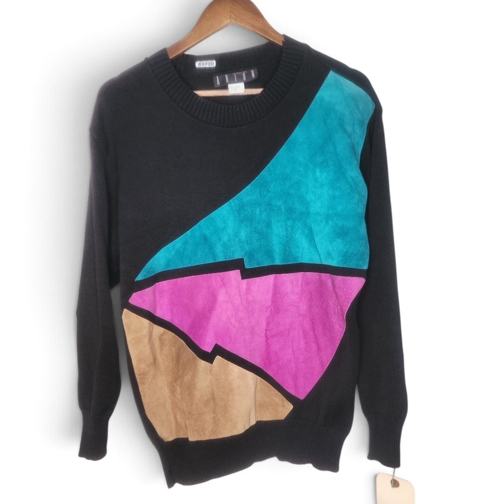 1980s Arion Magenta Tan Teal Suede Applique Vintage Black Sweater Size M